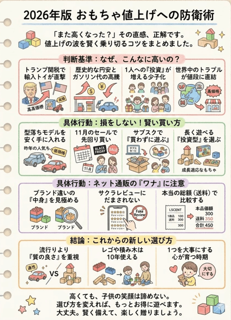 【2026年最新】おもちゃがまた値上がり!トランプ関税・円安・物流費…7つの理由と家計を守る賢い買い方を分かりやすく説明した画像