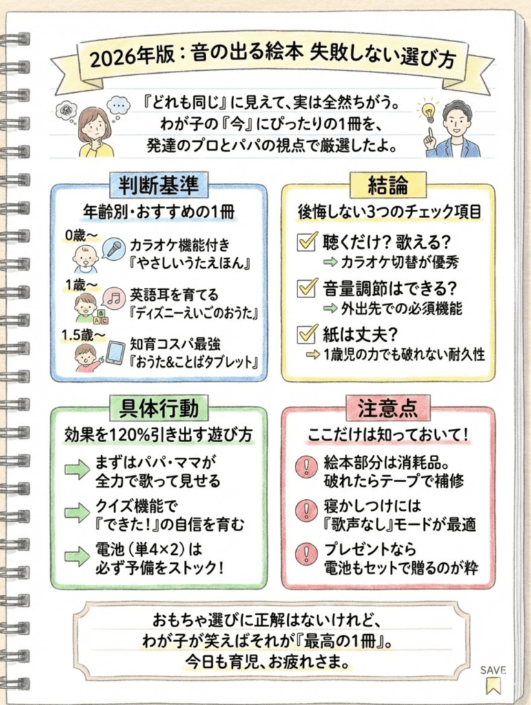 【2026年版】音の出る絵本おすすめ6選！0歳・1歳・2歳の赤ちゃんへ童謡・英語・カラオケタイプを徹底比較をわかりやすく説明した画像