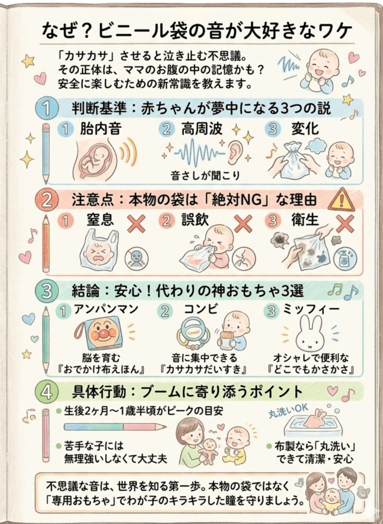 【赤ちゃんビニール袋の音なぜ好き?】理由と注意点|安全なカシャカシャおもちゃ3選も!をわかりやすく説明した画像