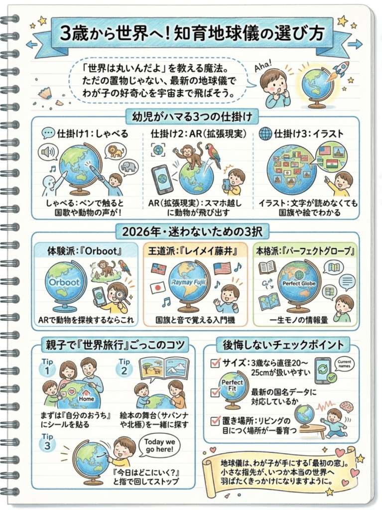 【3歳からの地球儀おすすめ3選】しゃべる?AR?賢い子を育てる知育効果と選び方|おもちゃ大賞受賞も!をわかりやすく説明した画像