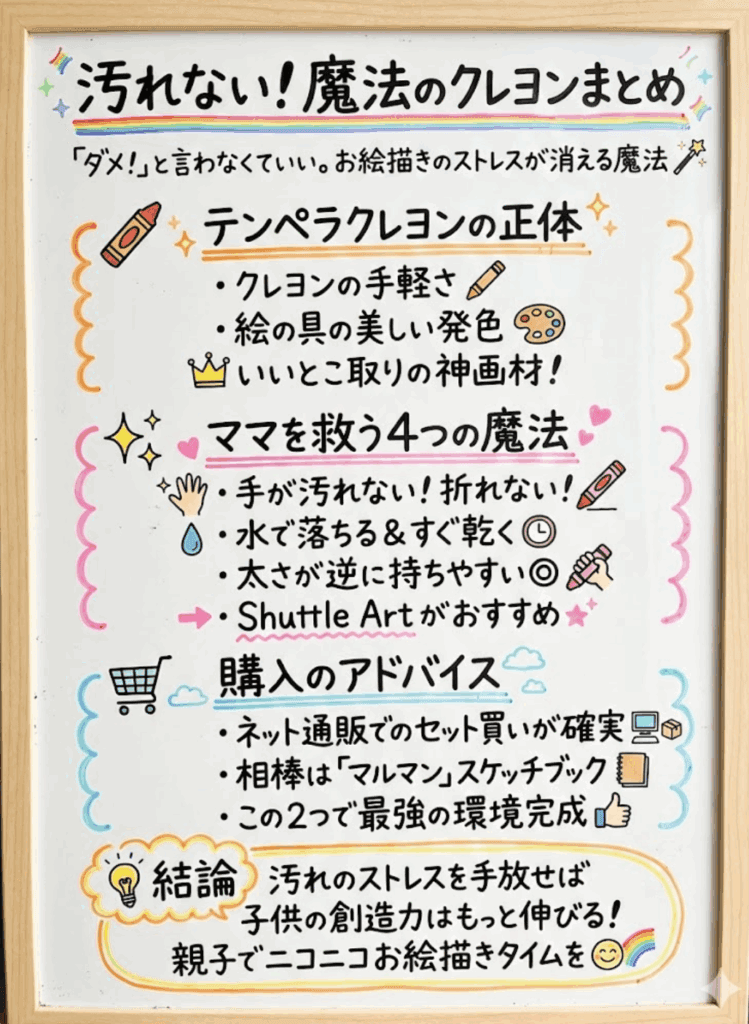まとめ:「汚れ」のストレスから解放され、子供の創造力を100%引き出すテンペラクレヨン!を分かりやすく図解した画像