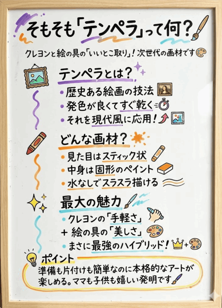 【そもそも論】テンペラペイントとは?クレヨンと絵の具の「いいとこ取り」な仕組みを分かりやすく図解で説明した画像