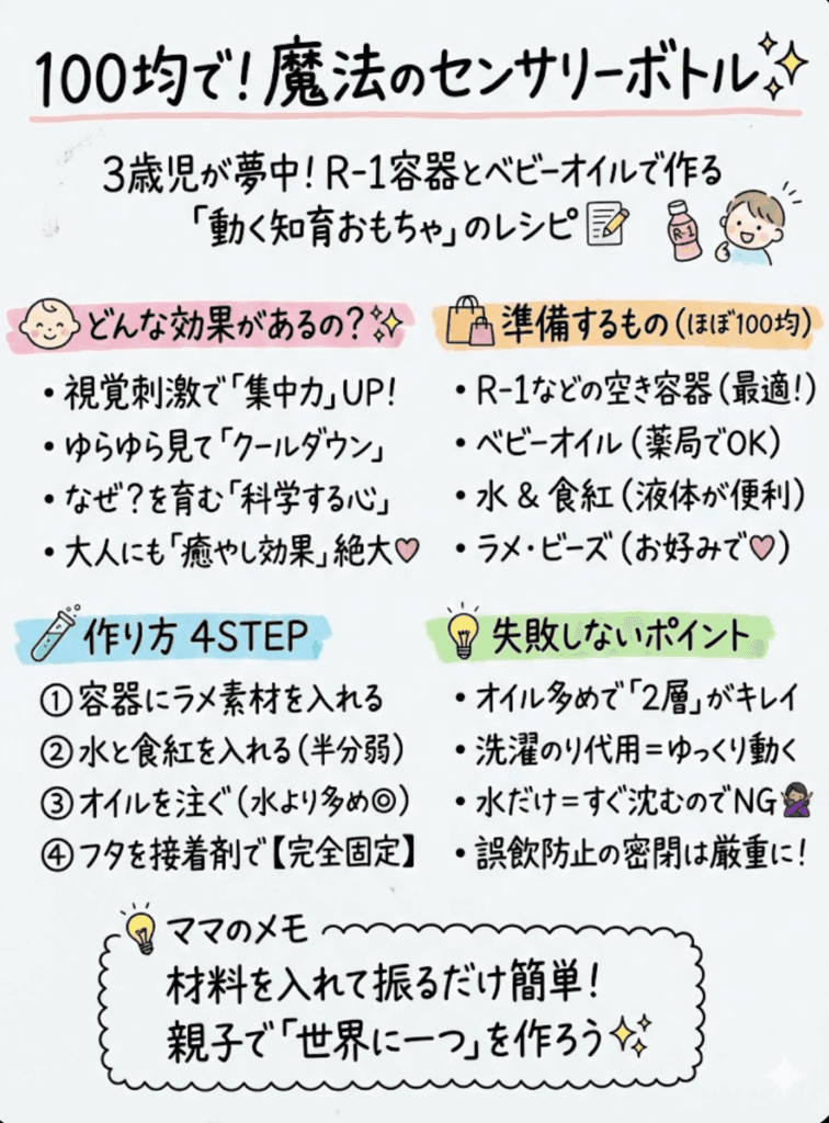 【センサリーボトル作り方】ベビーオイルとR-1容器で簡単DIY！100均材料でキラキラ動く魔法のボトルを分かりやすく整理して説明した画像