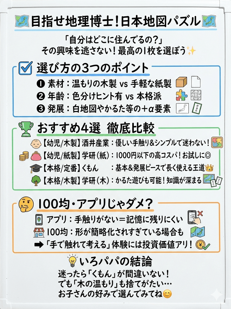 【日本地図パズルおすすめ】幼児・小学生向け人気4選を徹底比較!くもん・学研…100均との違いと選び方のコツをわかりやすく説明した画像