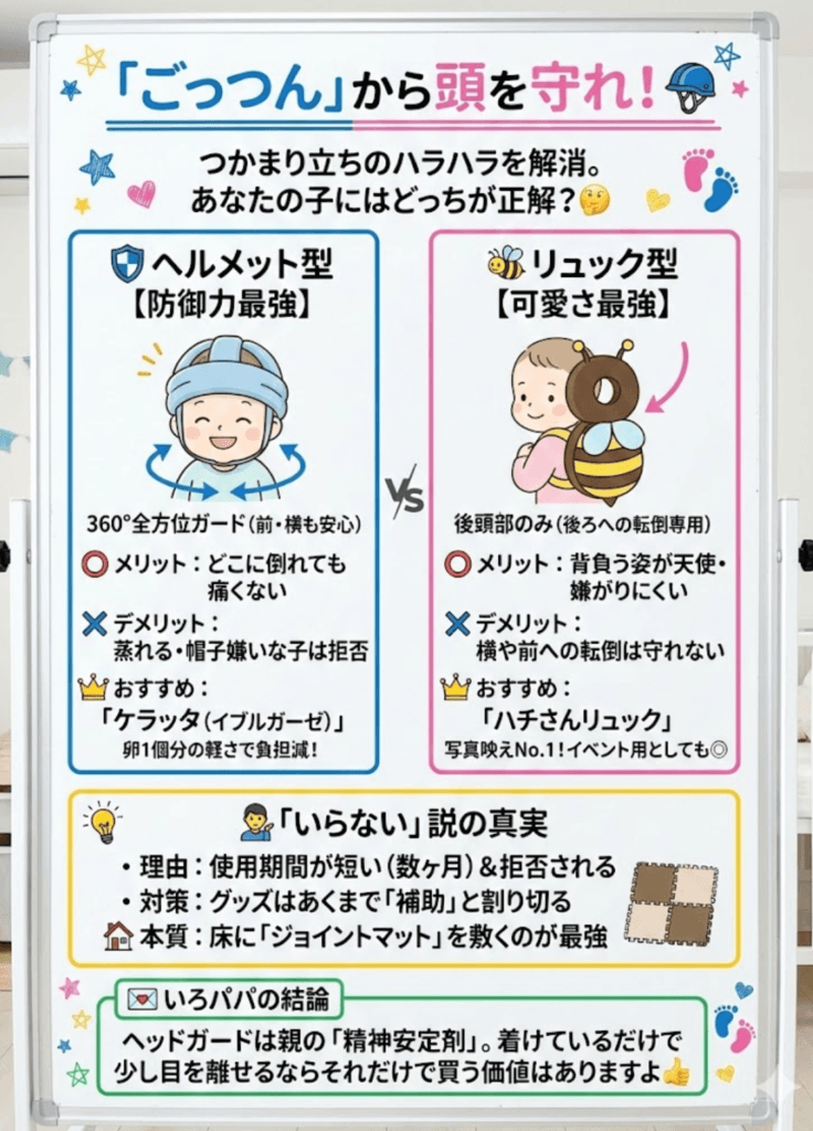 ベビーヘルメットvsごっつん防止リュックどっち？「いらない」説の真実とケラッタ正直レビューを分かりやすく説明した解説画像