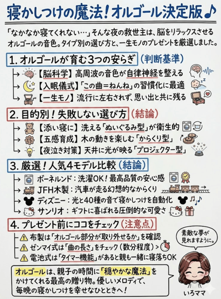 【オルゴールプレゼント決定版】赤ちゃんが安らぐ魔法の音色｜寝かしつけ・知育におすすめの人気おもちゃ徹底比較をわかりやすく説明した画像