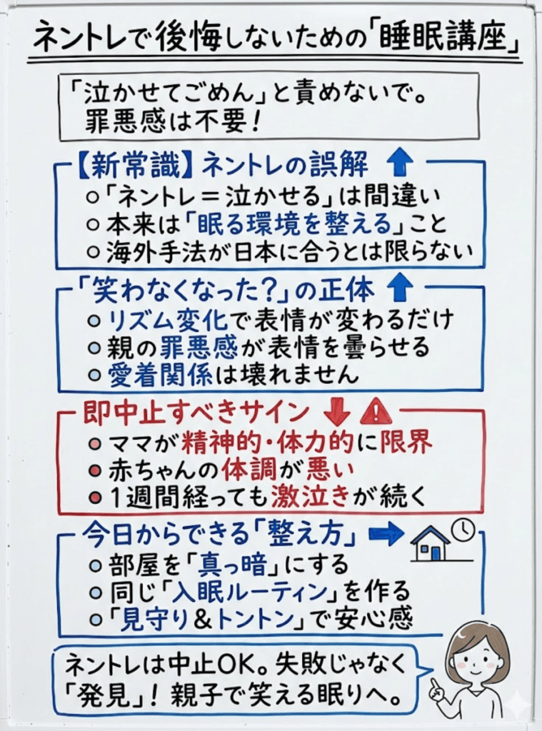 【ネントレやらなきゃ良かった…】後悔する前に読んで。泣かせっぱなしにしない「親子のための睡眠講座」をわかりやすく説明した画像