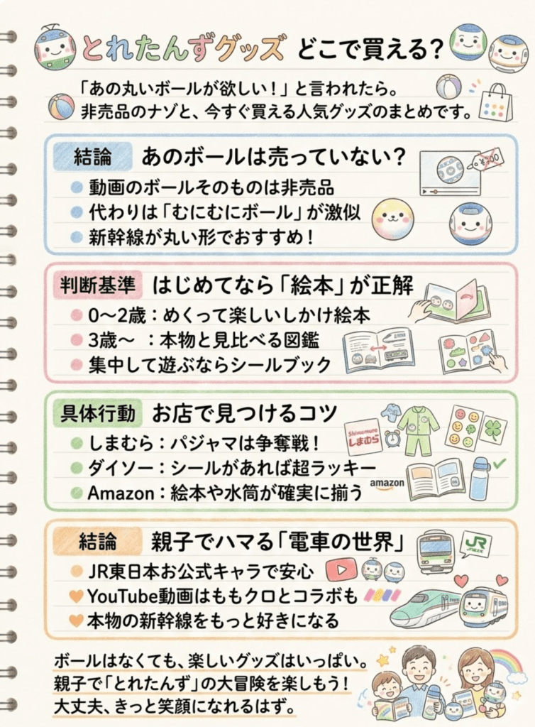 【とれたんず】ボールおもちゃはどこで買える？人気の絵本・しまむらグッズまで、親子でハマる世界のすべてをわかりやすく説明した画像