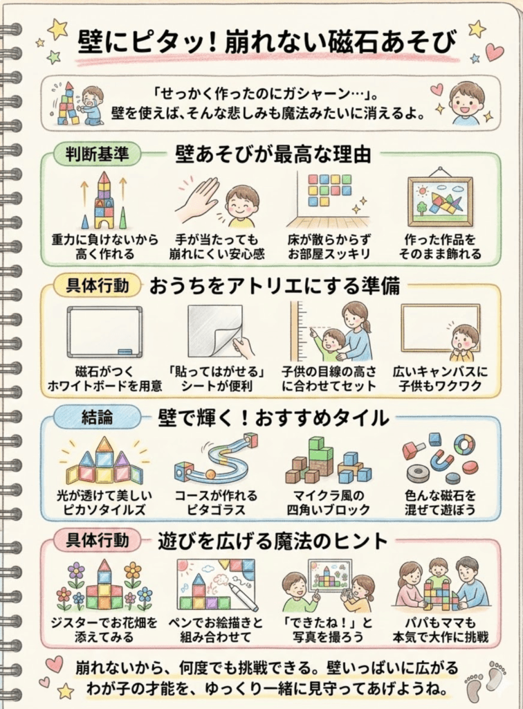 【マグネットタイルの遊び方革命】壁に貼るだけで創造力が爆発！ピカソタイルズ・ピタゴラス…遊びのコツを徹底解説をわかりやすく説明した画像