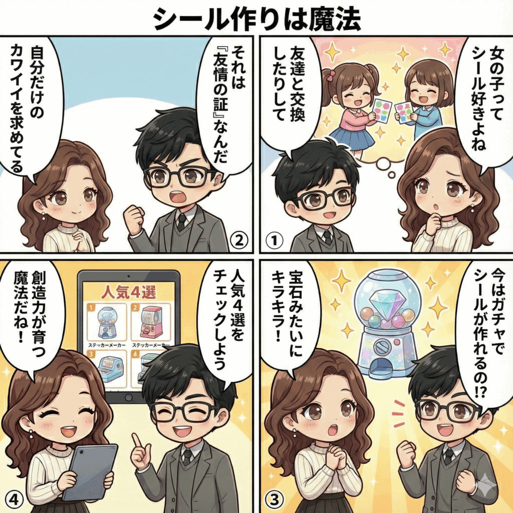 【シール作るおもちゃ】人気ランキング4選！キラガチャシールから、ぷくぷくシールメーカーまで徹底比較の記事の概要を分かりやすく説明した4コマ漫画画像