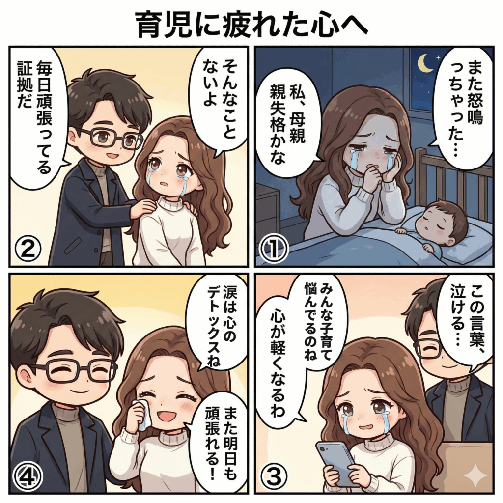 子育ての名言・偉人の言葉30選｜育児に疲れた心に響く「泣ける」メッセージと知恵の記事の概要を分かりやすく説明した4コマ画像