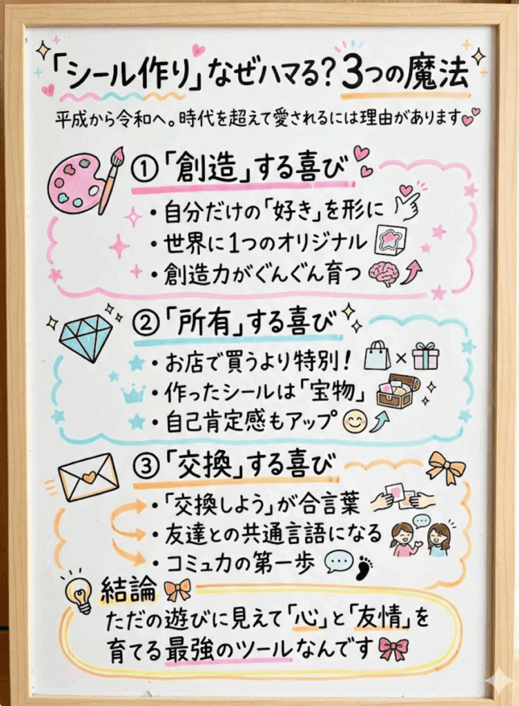なぜ「シール作りおもちゃ」は、いつの時代も女の子を魅了するのか？をわかりやすく説明した図解画像