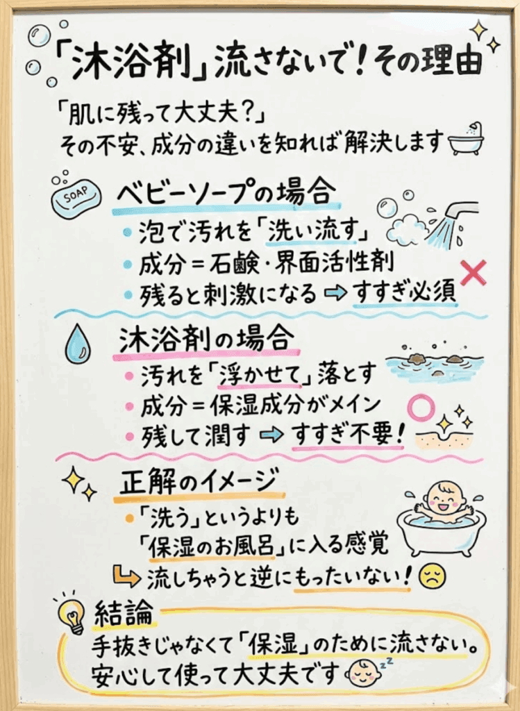 沐浴剤はよくない」は誤解！スキナベーブがすすぎ不要の本当の理由を図解して説明した画像