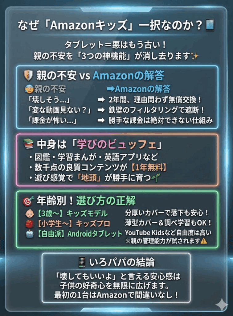 【子供用タブレットおもちゃ】Amazonキッズモデルが最強？小学生におすすめの人気知育タブランキング解説をわかりやすく説明した画像