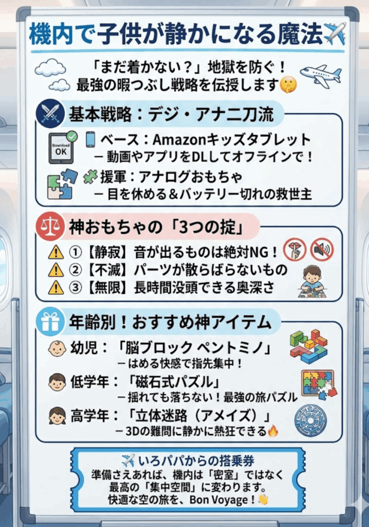 【飛行機の子供の暇つぶし】3歳4歳5歳～小学生に！神おもちゃ8選【100均・アプリも】をわかりやすく説明した画像