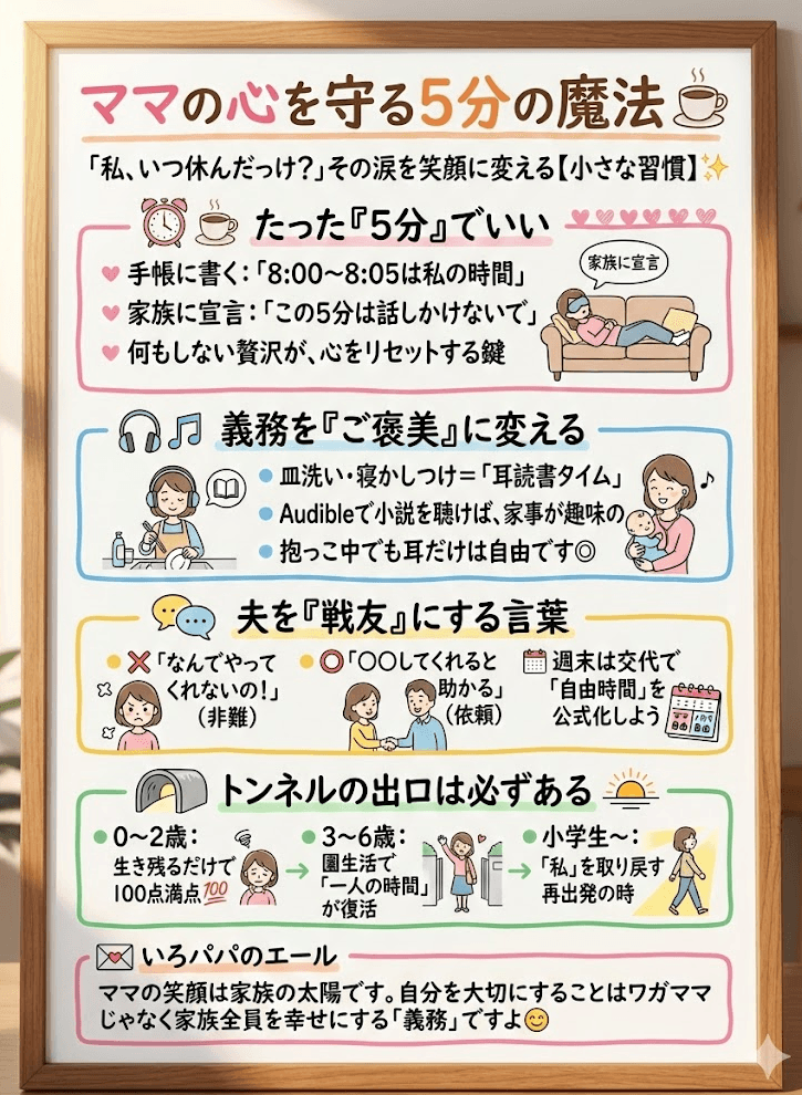 【子育てで自分の時間がない】ストレス限界なママへ。心を守る「5分」の見つけ方【夫との協力法も】をわかりやすく説明した画像