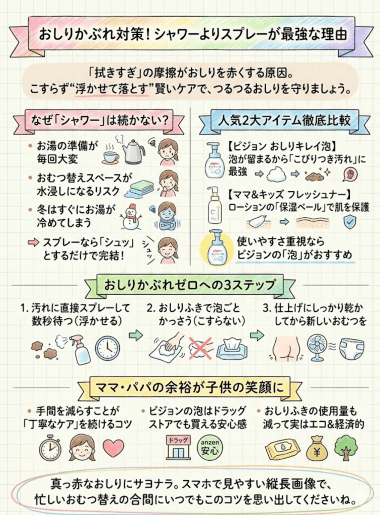 【おしりかぶれゼロへ】おしりシャワーよりスプレーが最強!ピジョンの泡とスキンフレッシュナーを徹底比較をわかりやすく説明した画像