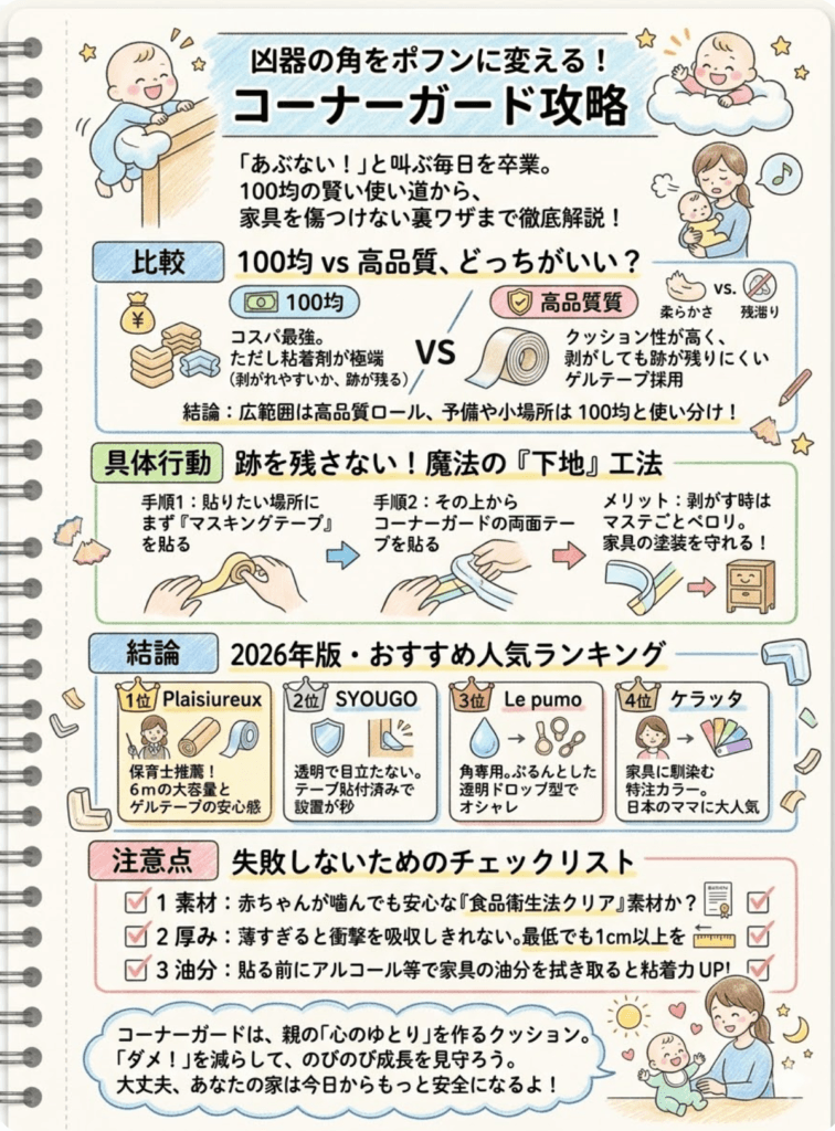 【コーナーガード決定版】100均は危ない？跡が残らない魔法の貼り方とおすすめ人気ランキング4選をわかりやすく説明した画像