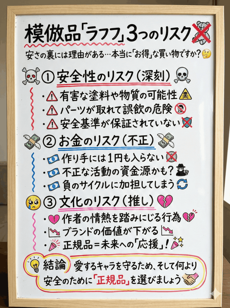 模倣品ラフフが抱える“3つのリスク”｜それは、本当に“お得”な買い物？の章の内容をわかりやすく説明した図解