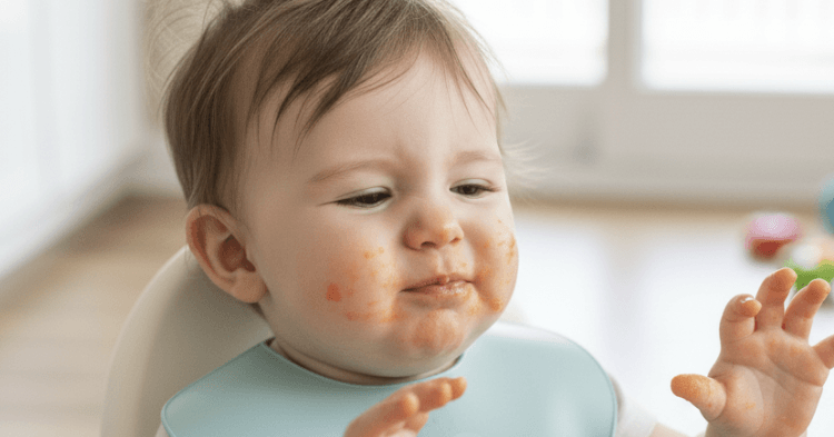 食べるのを嫌がっている9ヶ月～10ヶ月の赤ちゃんの画像