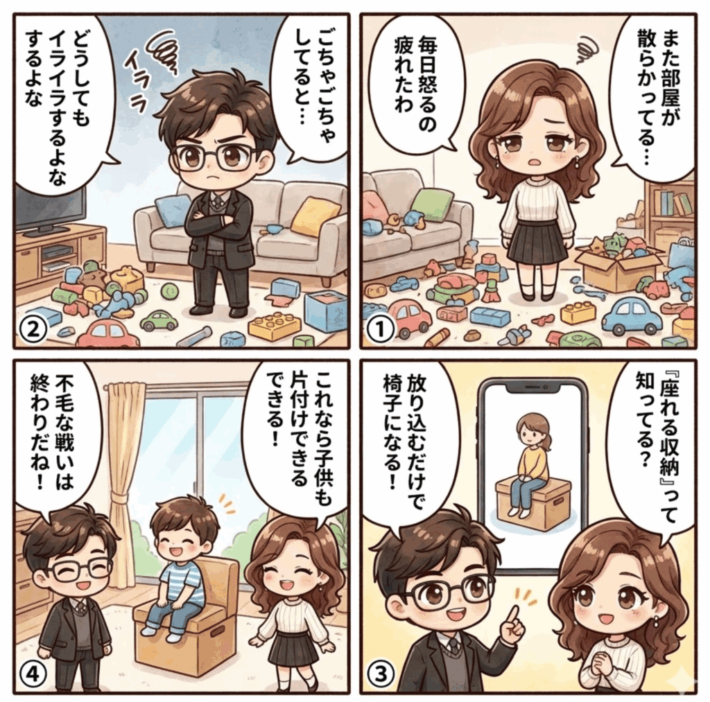 子供部屋に座れる収納ボックスが最強！おもちゃが片付く人気おすすめ4選【ニトリ/アイリス】の記事を説明した4コマ漫画の画像