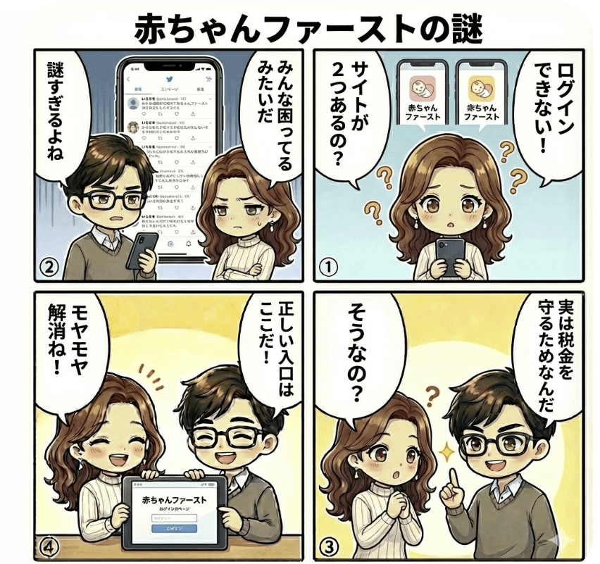 赤ちゃんファーストにログインできない!「2つある」公式サイトの謎と最新カタログのアクセス方法の記事に内容を簡単に説明した4コマ画像