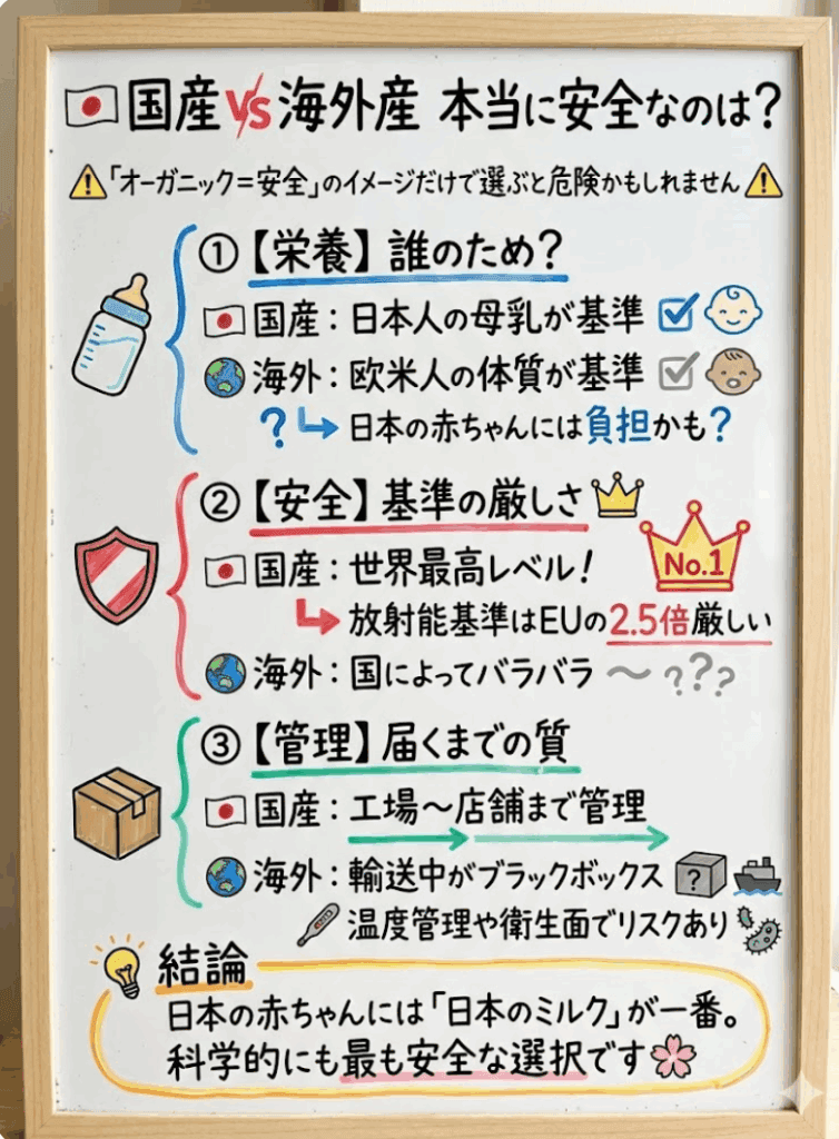 海外産オーガニック”の“不都合な真実”と、国産粉ミルクが安全な理由を分かりやすく図解して説明した画像