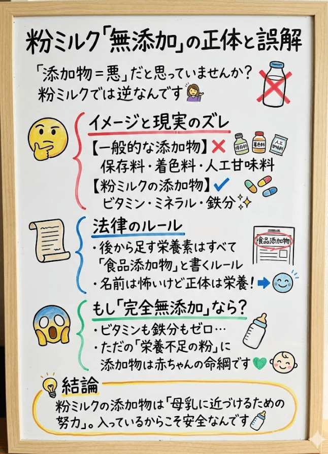 なぜ、「添加物＝悪」という考えが、危険なのかと本当に安全な粉ミルクが何かを分かりやすく説明した図