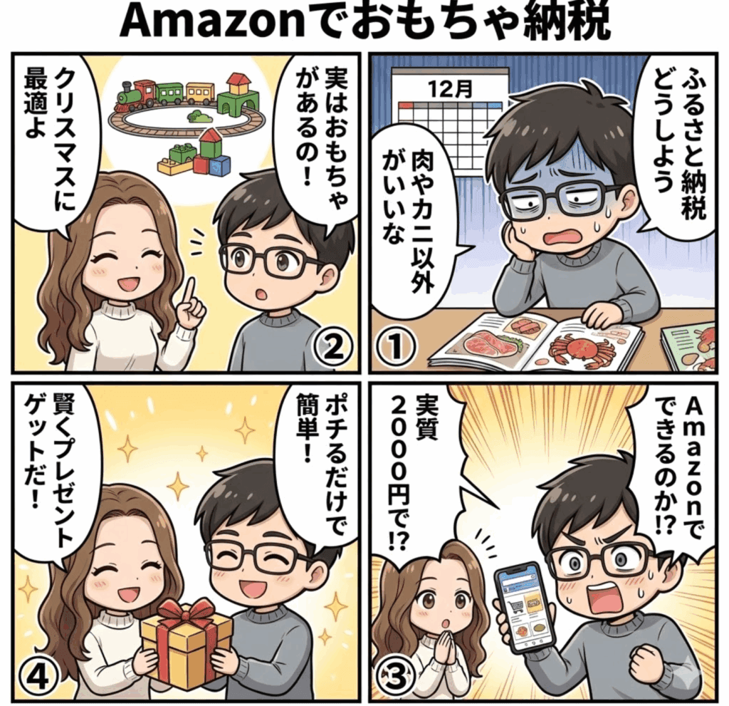 Amazonふるさと納税やり方は？おもちゃが貰える！おすすめ人気ランキング4選【2025年版】を分かりやすく説明した4コマ画像