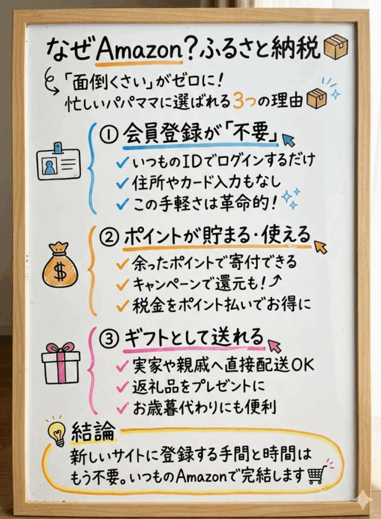 なぜAmazon？】Amazonふるさと納税をおすすめする3つの理由を分かりやすく説明した画像