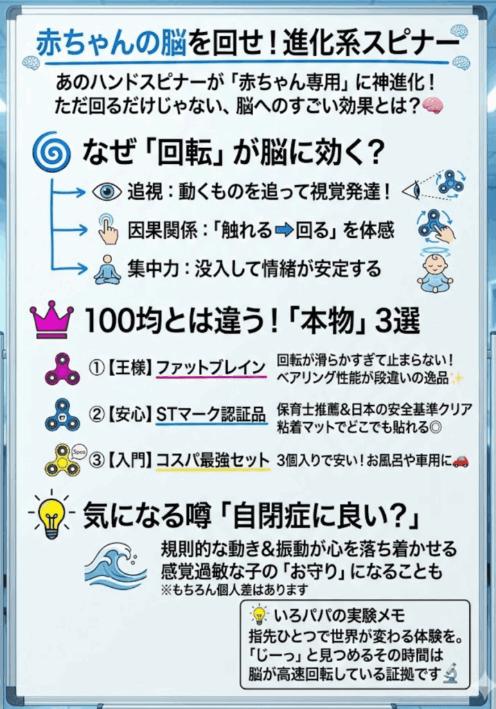 【赤ちゃんハンドスピナーおすすめ】ただ回るだけじゃない!脳を育む吸盤付きスピナーを徹底比較をわかりやすく説明した画像