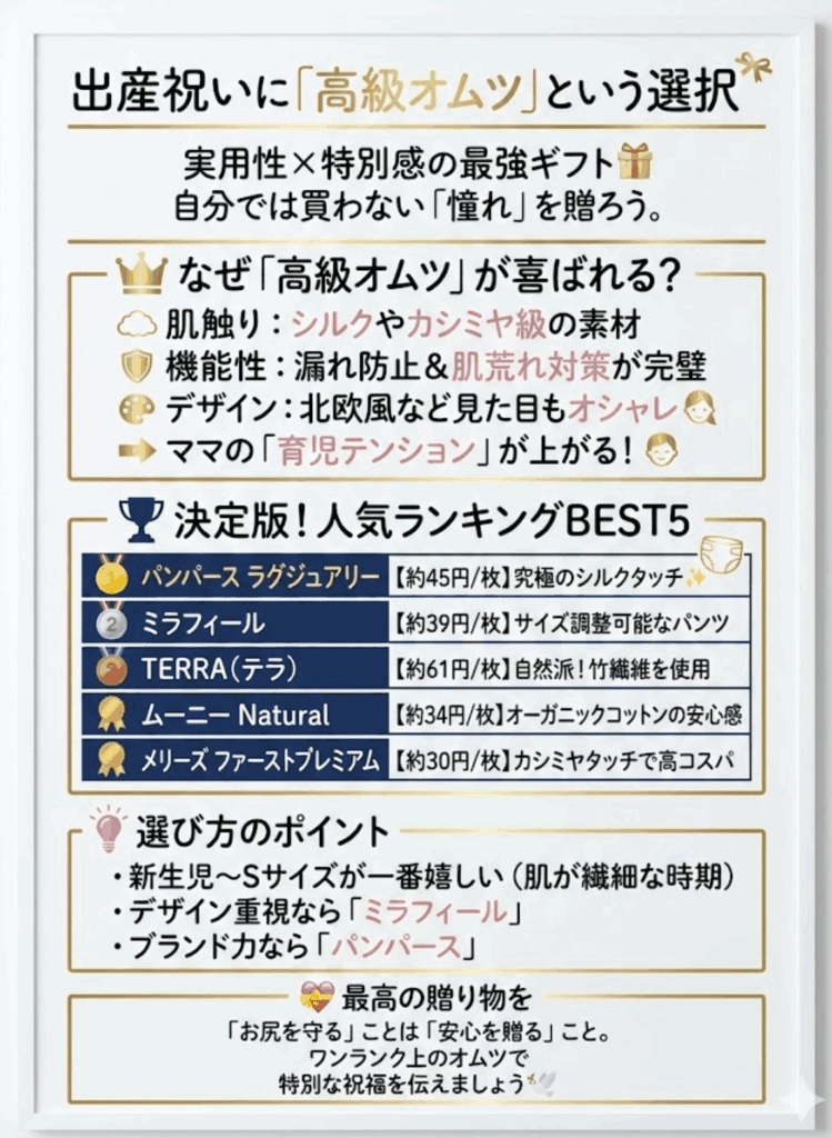 【高級オムツ】プレゼントに最適！パンパース・ミラフィール…違いが分かる人気ランキング5選をわかりやすく説明した画像