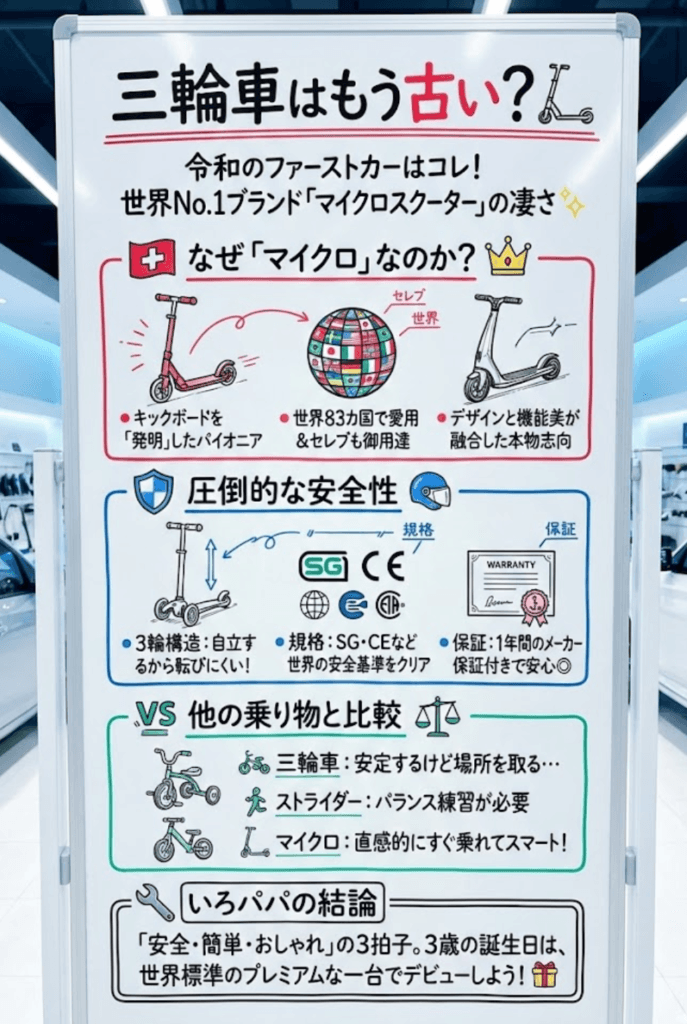【3歳からのキックボード】三輪車よりマイクロスクーターが正解な理由｜3輪モデルを正直レビューをわかりやすく説明した画像