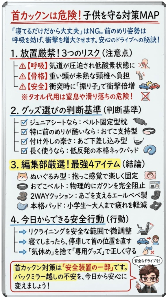 チャイルドシートの首カックン防止|前のめりは大丈夫じゃない!子供の首を守る最強グッズ4選を分かりやすく説明した画像