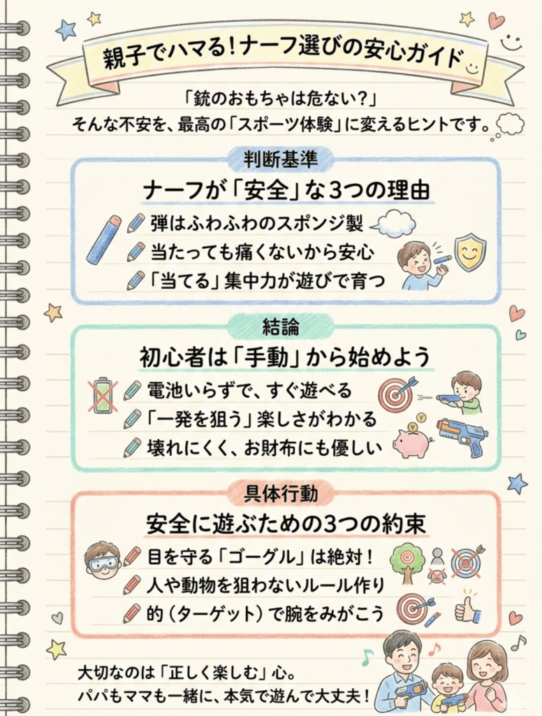 【ナーフの種類】最強はどれ?初心者におすすめの人気銃と、危なくない安全な遊び方を徹底解説をわかりやすく説明した画像
