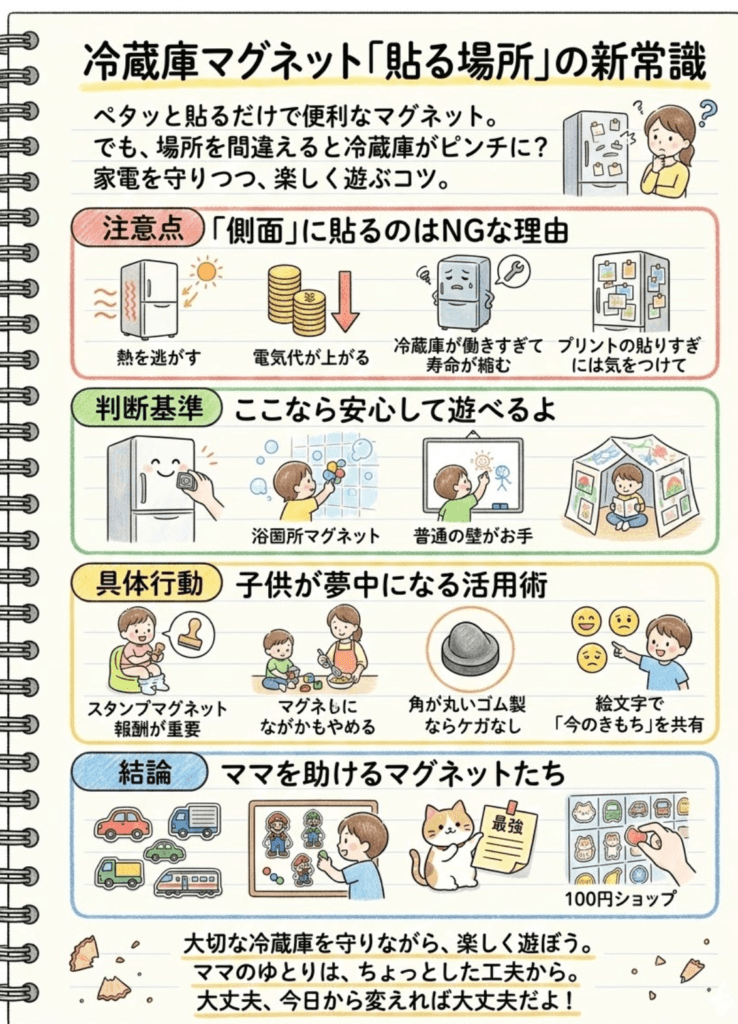冷蔵庫マグネットはだめ？貼っていい場所・ダメな場所｜側面がNGな理由と子供と遊ぶ安全な方法をわかりやすく説明した画像