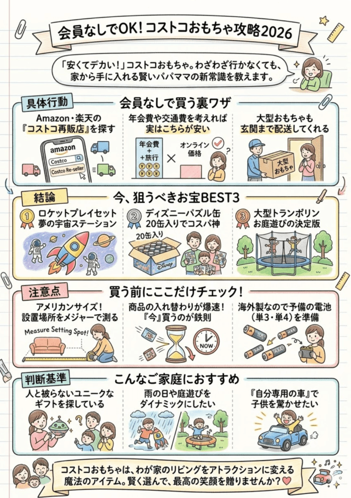 【2026年最新】コストコおもちゃおすすめ人気ランキング！大型・電動乗用カー・パズルをジャンル別に徹底比較｜会員なしで買う方法もをわかりやすく説明した画像