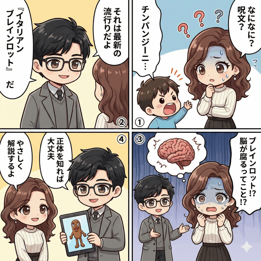 イタリアンブレインロット完全ガイド！キャラクター名前一覧｜子供に流行と人気の謎解明の記事の概要を説明した4コマ漫画画像