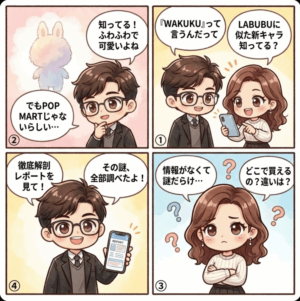 次世代ぬいぐるみ“ワクク”を徹底解説！の記事の内容を説明した4コマ漫画の画像