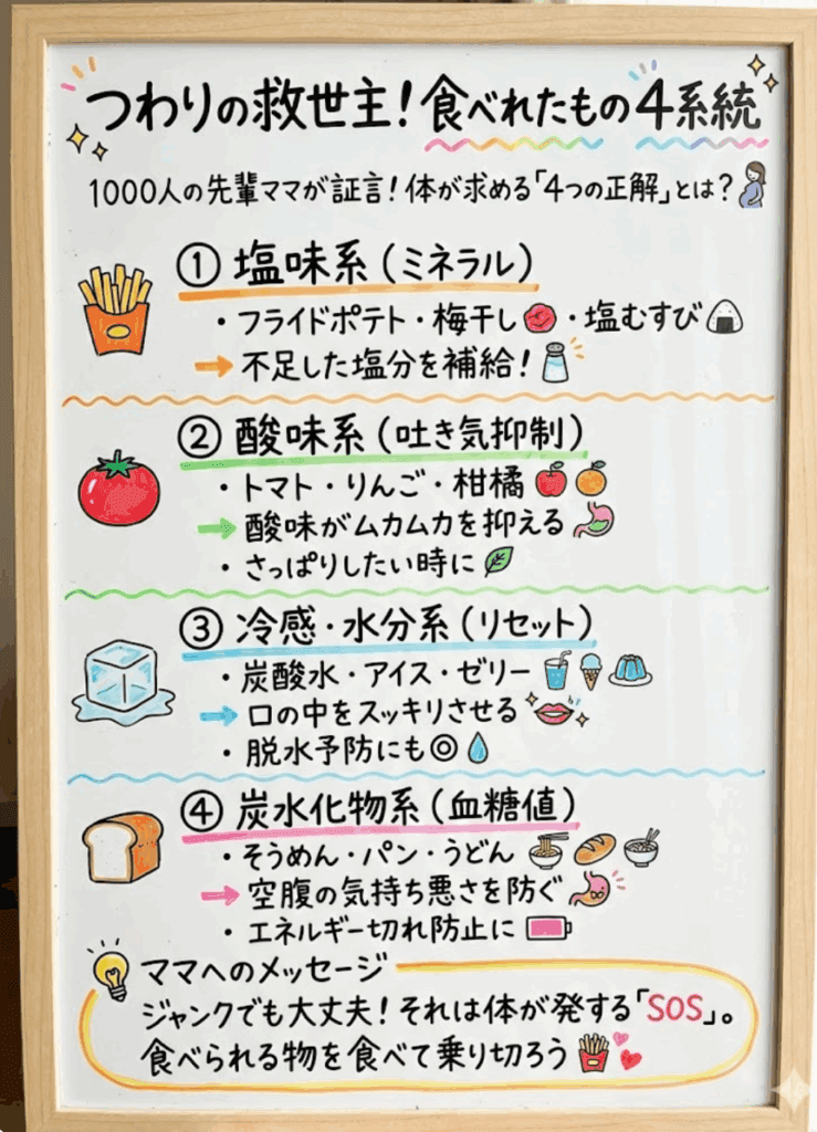 【結論ファースト】今すぐ試して！1000人以上の声が導き出した「つわり中食べれたもの」4つの系統をわかりやすく説明した図