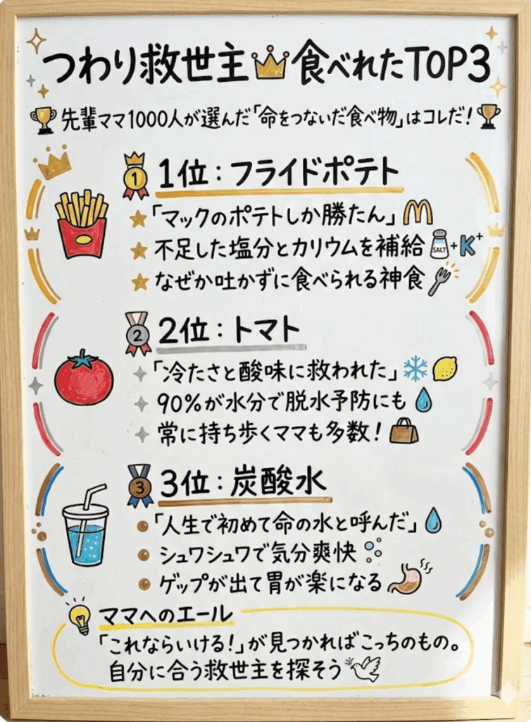 つわり中食べれたものランキングTOP3はなぜ選ばれた？リアルな体験談をわかりやすく図解した画像