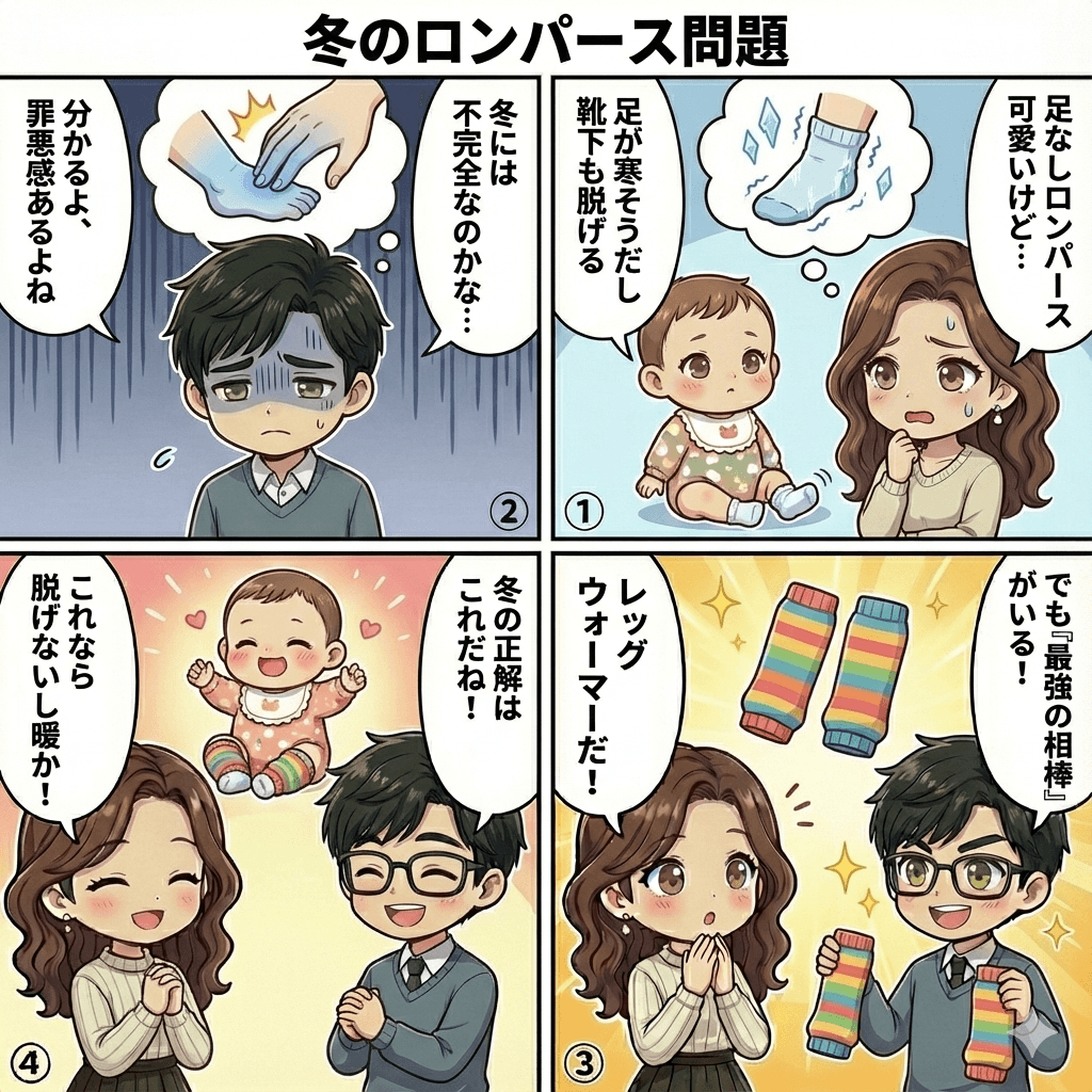 冬の足なしロンパースの着せ方って？【結論】レッグウォーマーが最強！理由を徹底解説を分かりやすく説明した4コマ漫画画像
