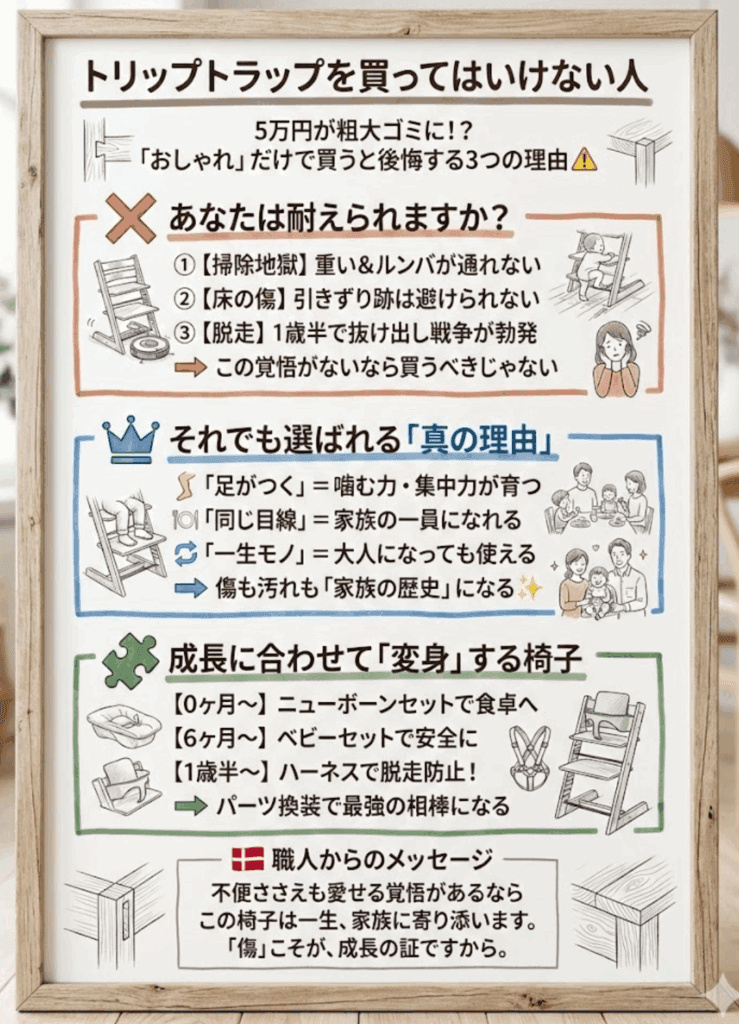【後悔する前に】トリップトラップ、買ってはいけない人の3つの特徴。使わなくなる理由を徹底分析をわかりやすく説明した画像