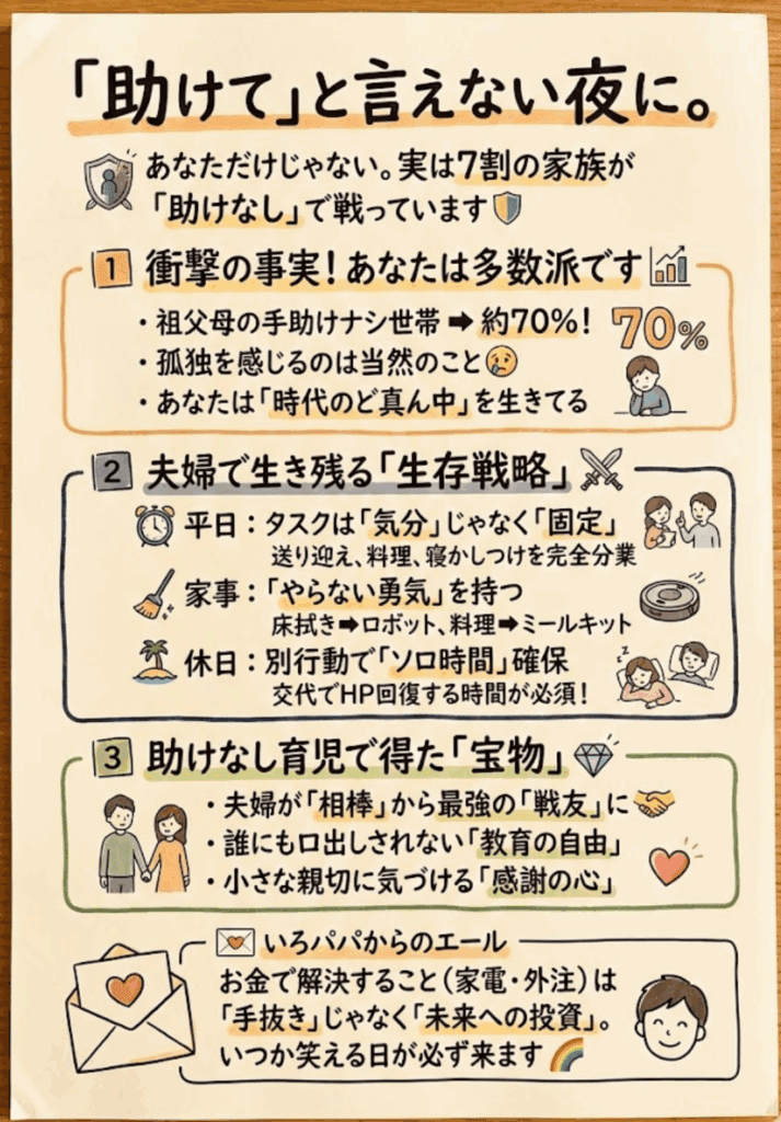 子育て親の助けなし割合は7割超え|共働き限界を乗り越える具体的方法をわかりやすく説明した画像