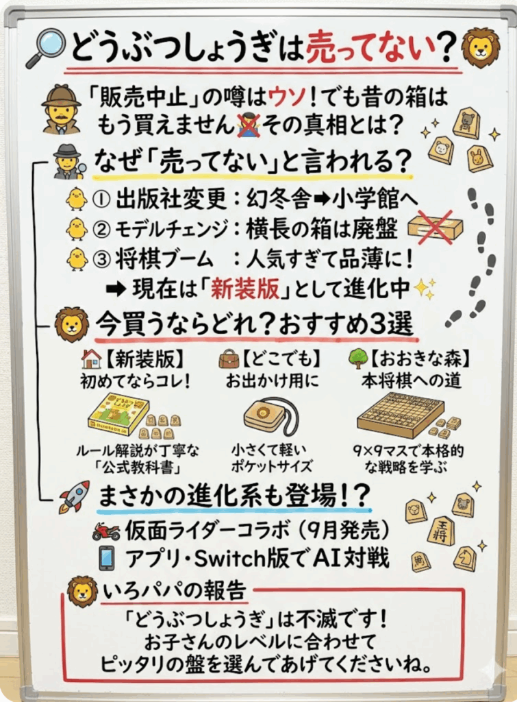 どうぶつしょうぎ販売中止は嘘？本当の理由と、今買える新装版・派生版の選び方を分かりやすく説明した画像