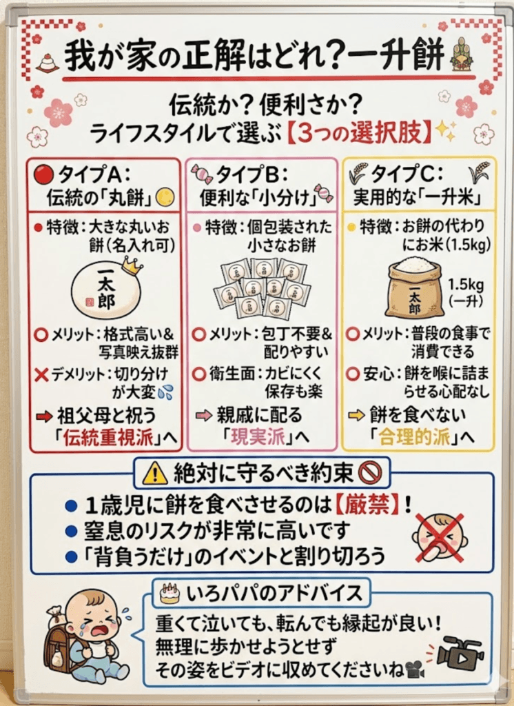 直前でもOK！すぐに届く一升餅、一升米、3つのタイプどれがいいをわかりやすく説明した画像