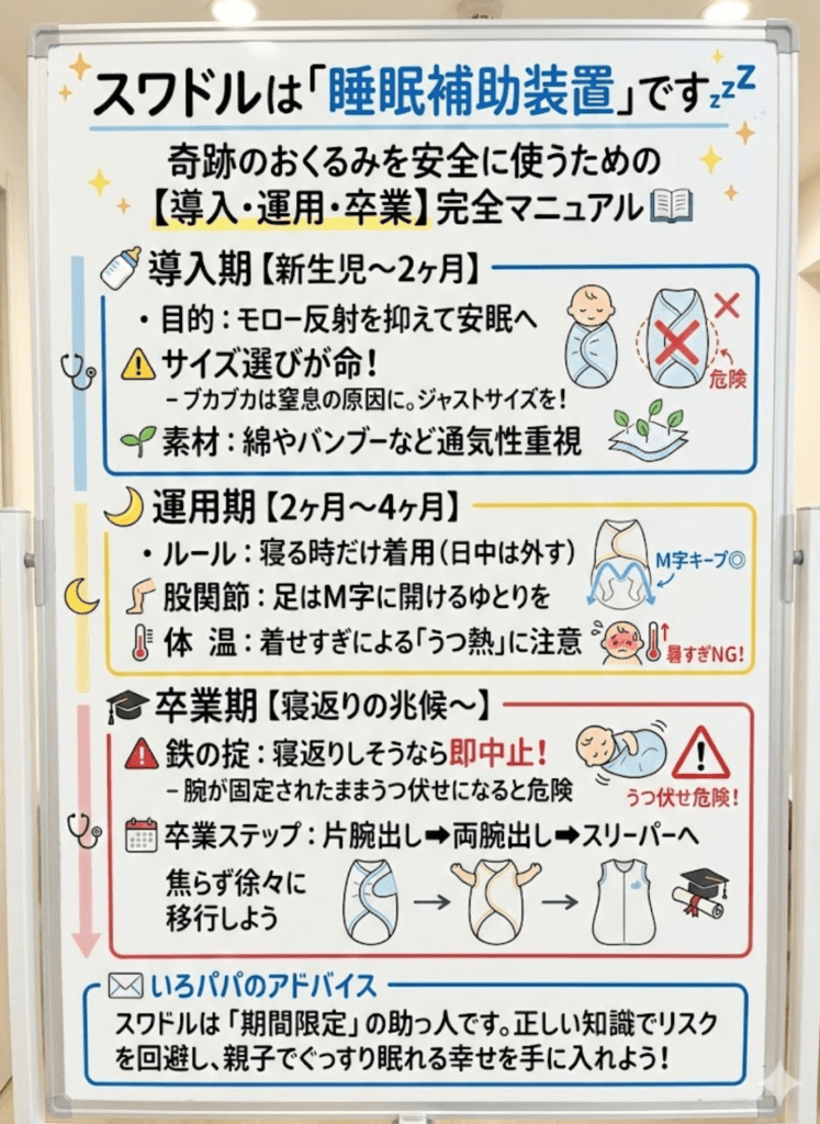 スワドル・スワドルアップはいつまで使える?ステージ別卒業タイミングとデメリット・安全な使い方完全ガイドをわかりやすく説明した画像