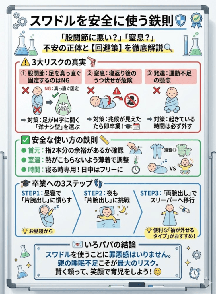 【リスク分析】スワドルの“3大デメリット”とその科学的真相をわかりやすく説明した画像