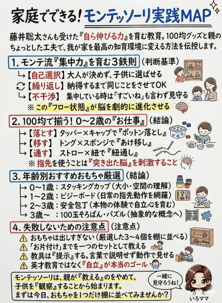 【年齢別】家庭で今日からできるモンテッソーリ実践ガイドをわかりやすく説明した画像