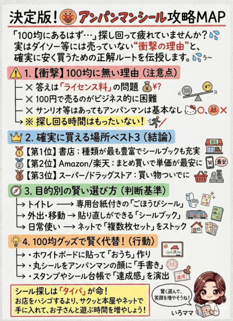アンパンマンシールは100均にある？ダイソーセリア以外に買える場所と賢い代替案を徹底解説をわかりやすく説明した画像